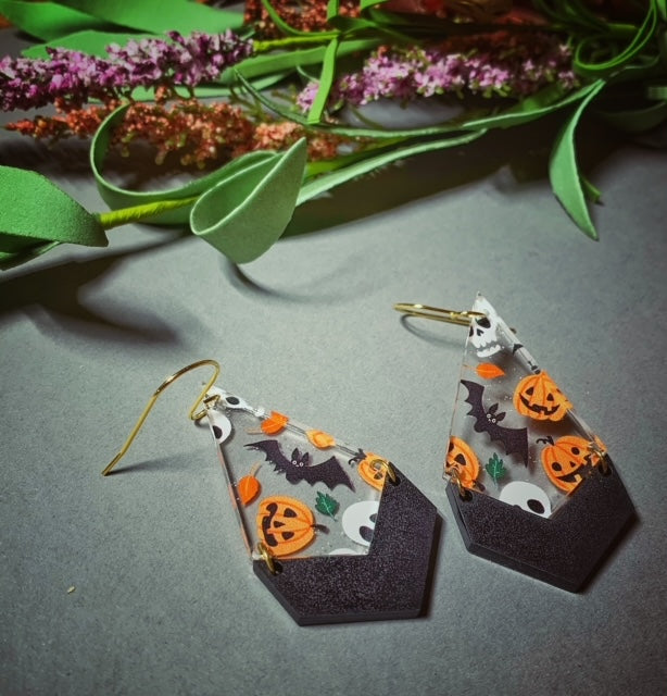 Pumpkin, Bats, and Ghost Acrylic Halloween Earrings